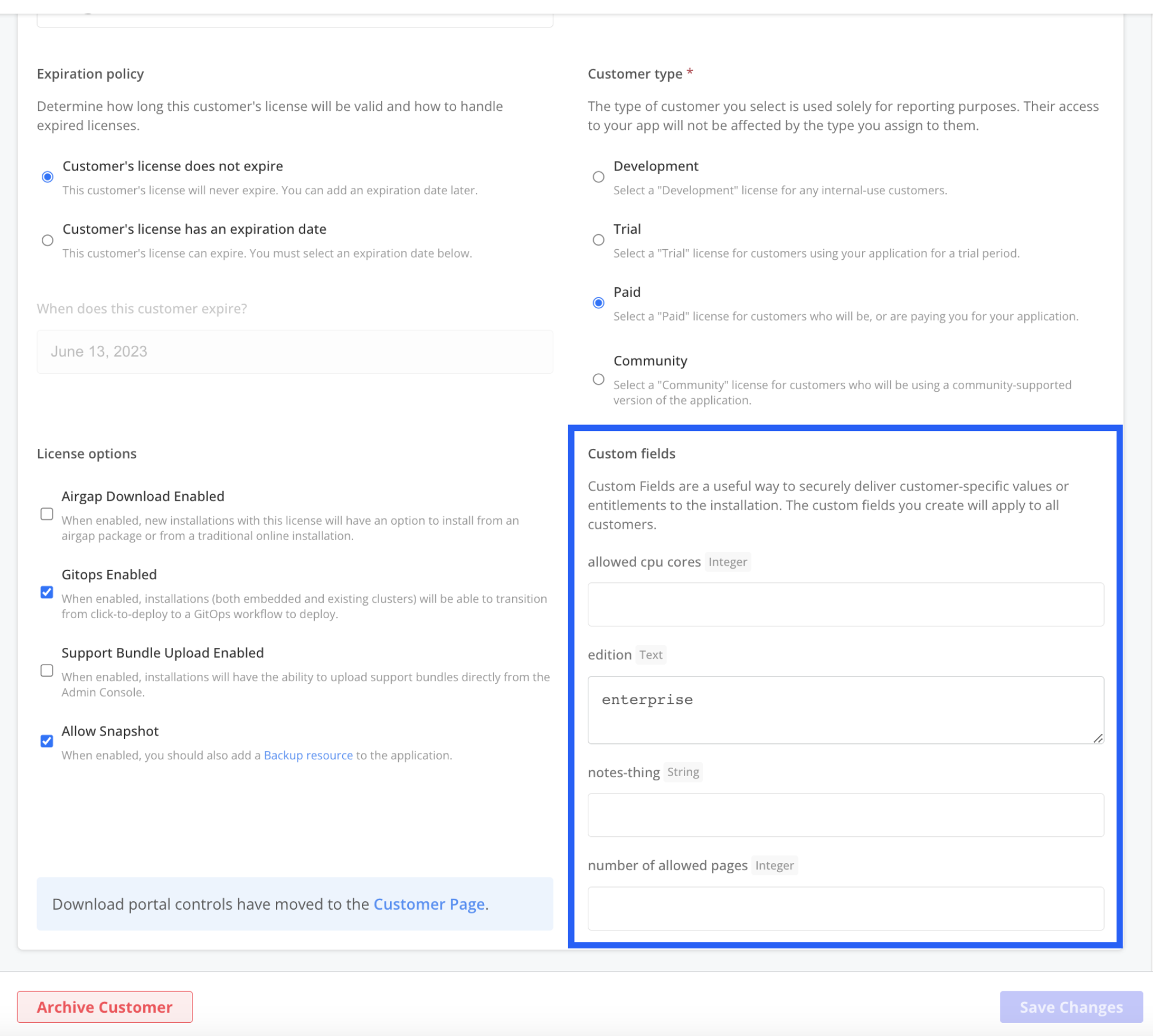 Custom license fields section in the manage customer page